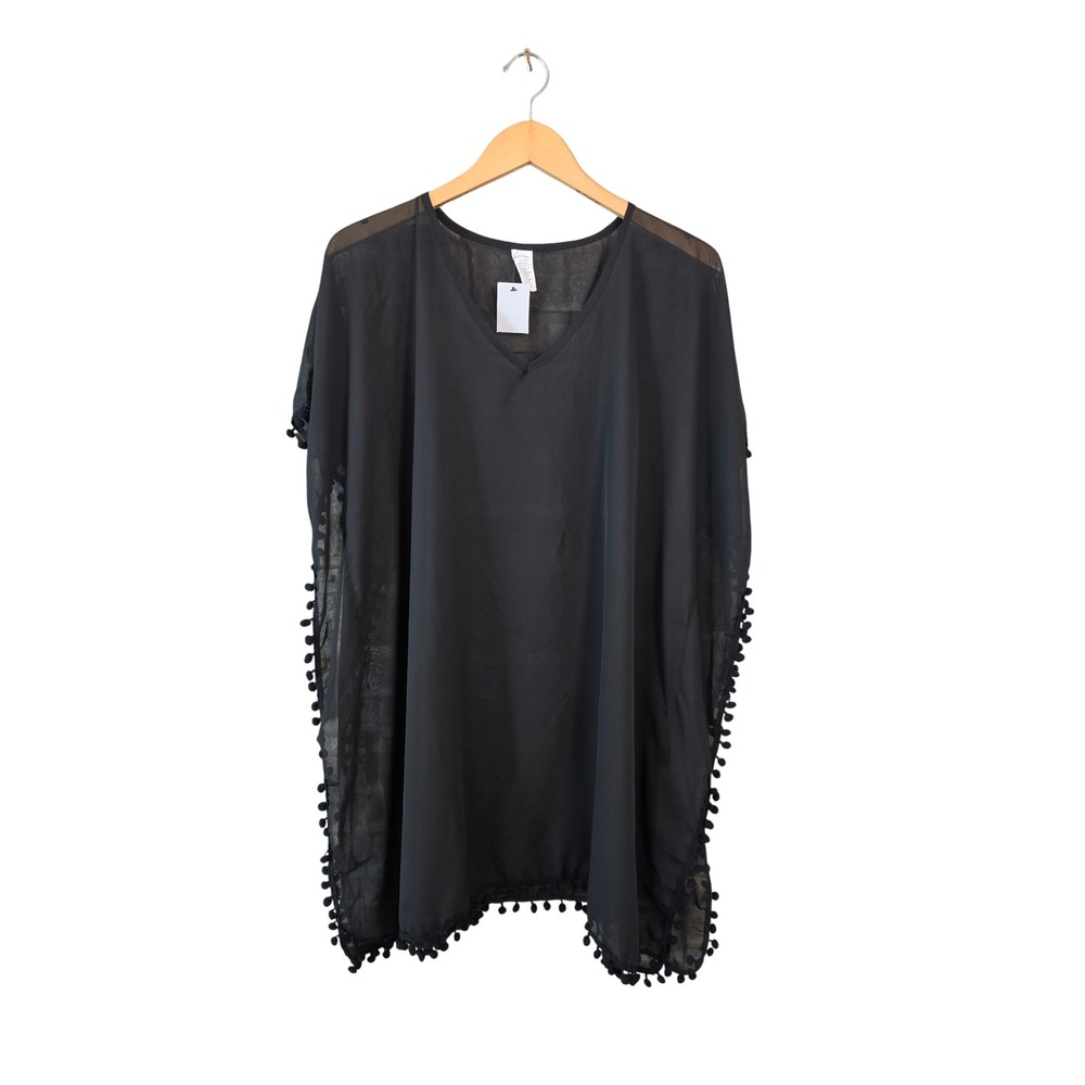 West Loop‎ Black Sheer Pom Pom Trim Swim Cover Up OSFM NWT Beach Kaftan
